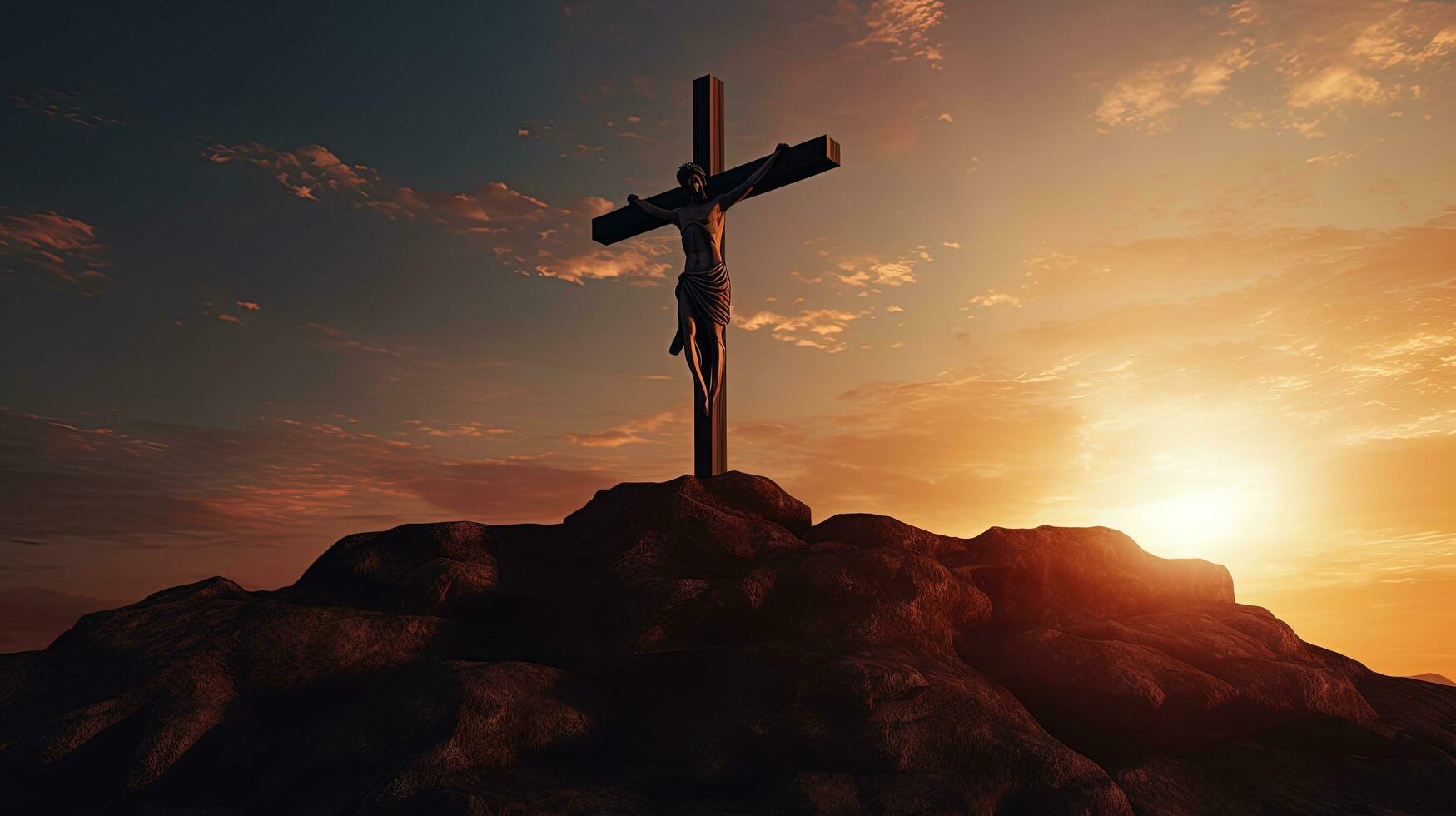 Kreuzigung von Jesus Christus auf ein Berg beim Sonnenuntergang. Silhouette Konzept foto