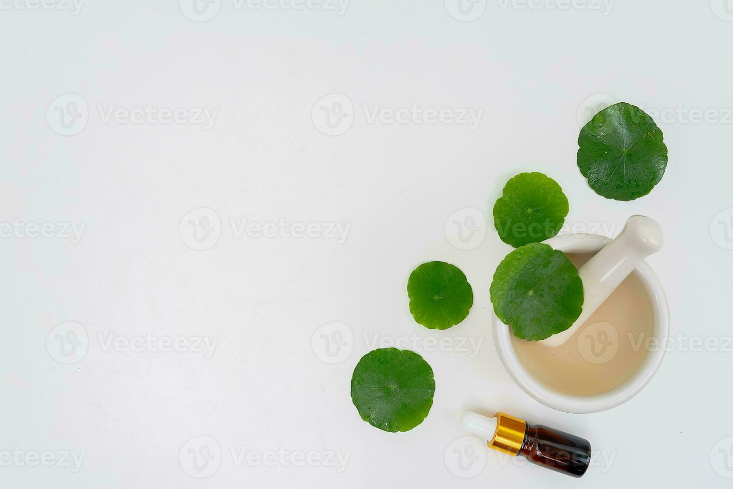 oben Aussicht Glas Becherglas enthält Wasser und Centella asiatica dekoriert mit erlenmeyer Flasche und runden Podium foto