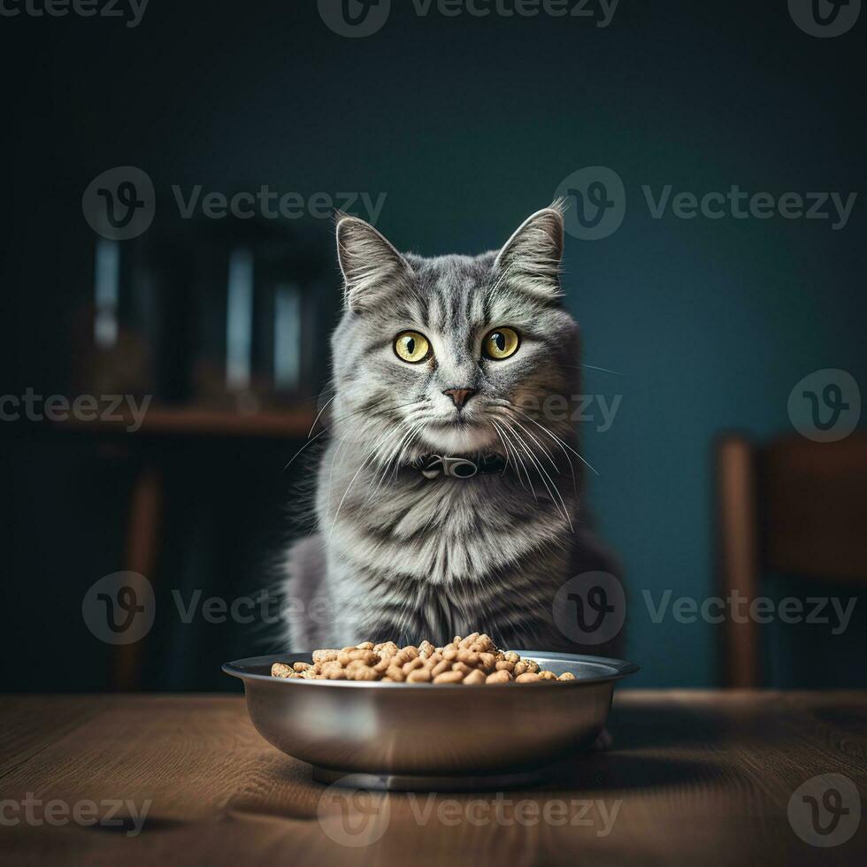 ein grau langhaarig Katze ist Sitzung, Dort ist ein Schüssel von Essen im Vorderseite von ihn. generativ ai foto