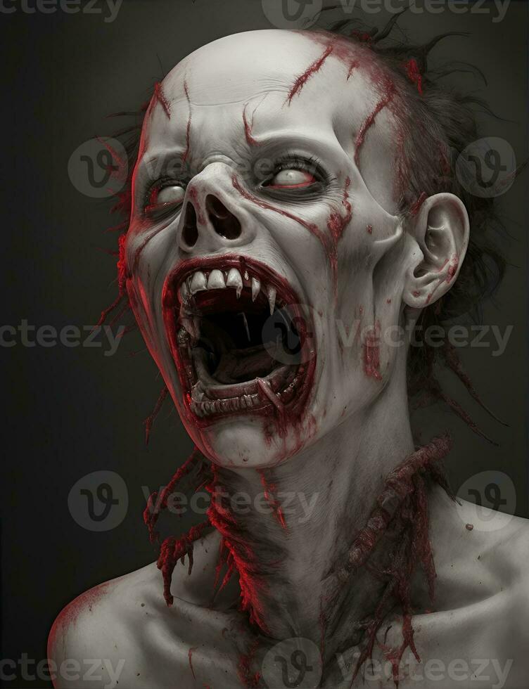 Scarry Zombie mit blutig Gesicht draußen, Nahaufnahme. Halloween Monster- foto