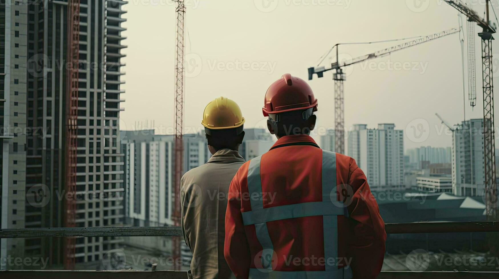 zwei Arbeitskräfte, Rückseite Sicht, auf Konstruktion Seite? ˅. Ingenieure im schützend Uniformen und Helme beim arbeiten. Konstruktion von Gebäude, erstellt mit generativ ai Technologie foto