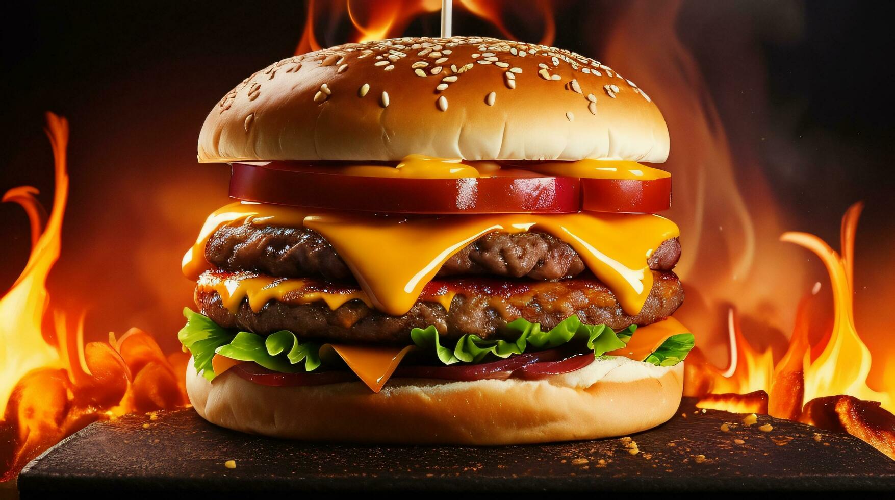 Foto von ein köstlich verdreifachen Fleisch Hamburger mit Speck und Gelb Käse Feuer auf Hintergrund
