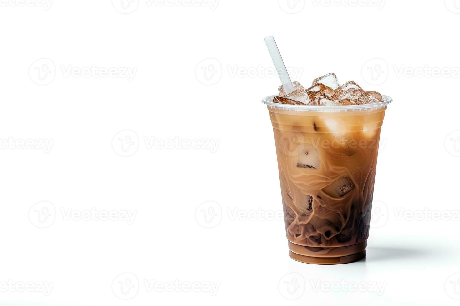 vereist Kaffee im Plastik wegbringen Glas isoliert auf Weiß Hintergrund mit Kopieren Raum. ai generiert foto
