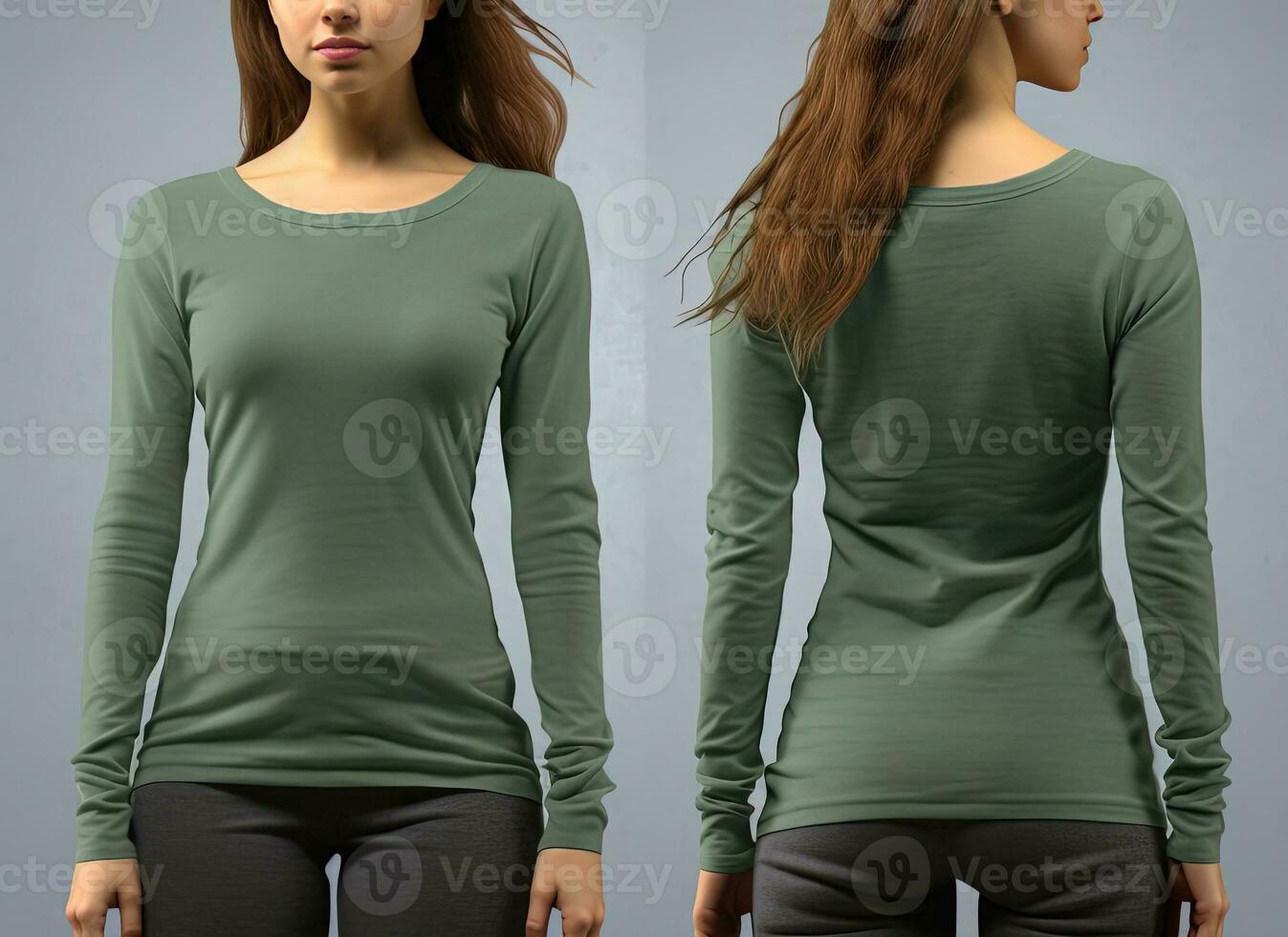 Frau tragen ein Grün T-Shirt mit lange Ärmel. Vorderseite und zurück Sicht. ai generiert foto