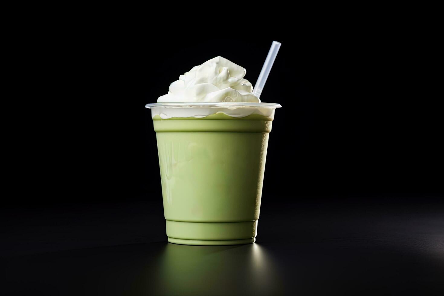 Grün Tee Frappucino mit ausgepeitscht Sahne im ein wegbringen Tasse isoliert auf dunkel Hintergrund. ai generiert foto
