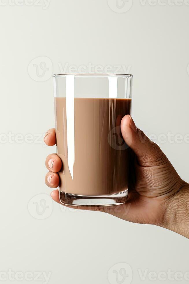 Hand halten ein Glas von köstlich Schokolade Milch isoliert auf Weiß Hintergrund. ai generiert foto