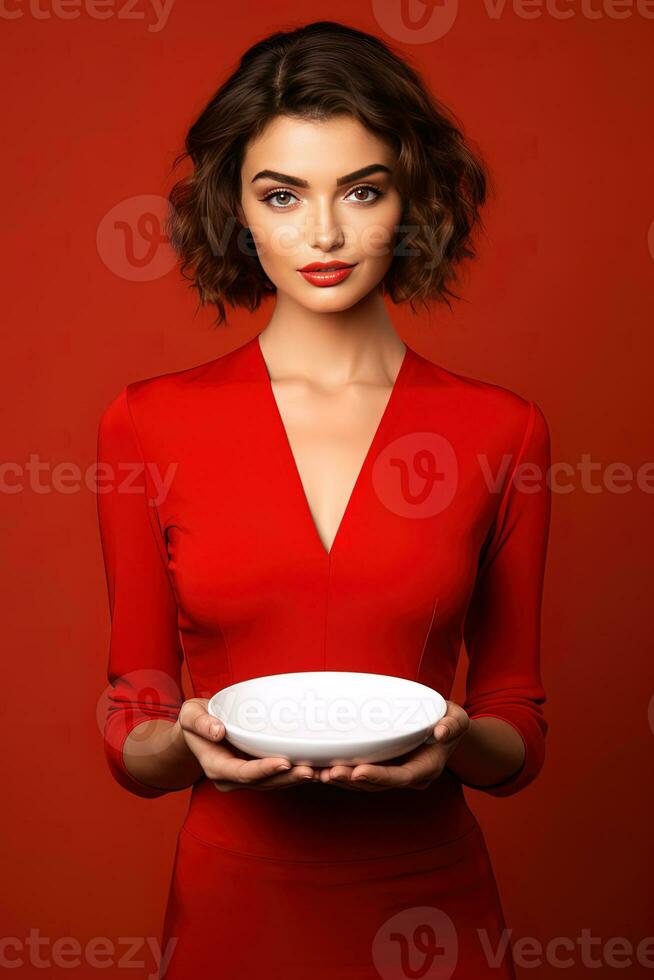 jung schön stilvoll Frau halten ein leeren Teller oder Gericht isoliert auf rot Hintergrund. ai generiert foto