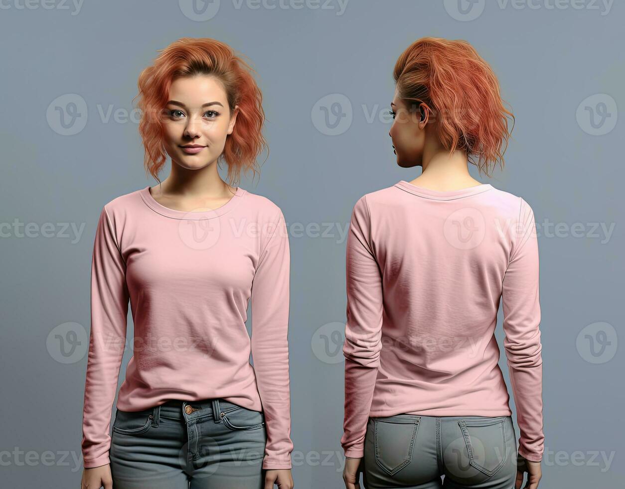 Frau tragen ein Rosa T-Shirt mit lange Ärmel. Vorderseite und zurück Aussicht foto