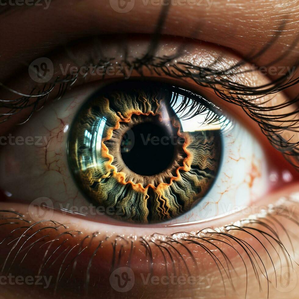 schön runden Auge mit Wimpern und Schüler suchen voraus ist gezeigt schließen hoch, ai generiert foto