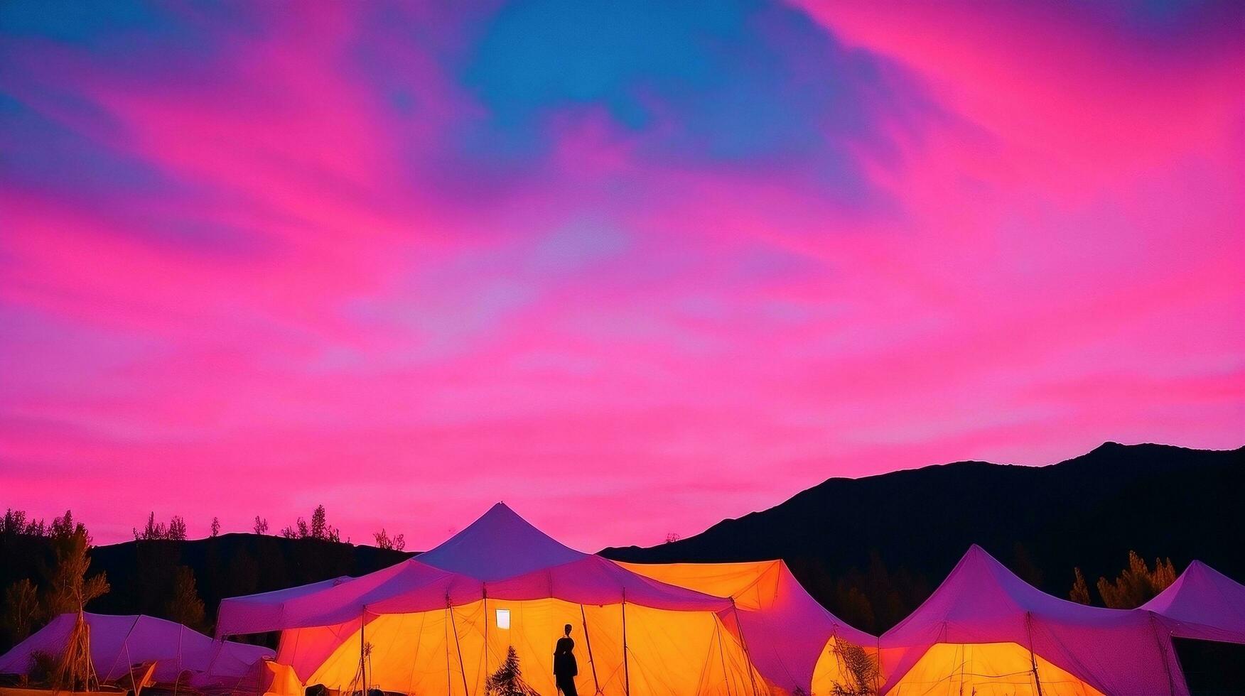 Camping im das Berge beim Sonnenuntergang. ai generativ foto