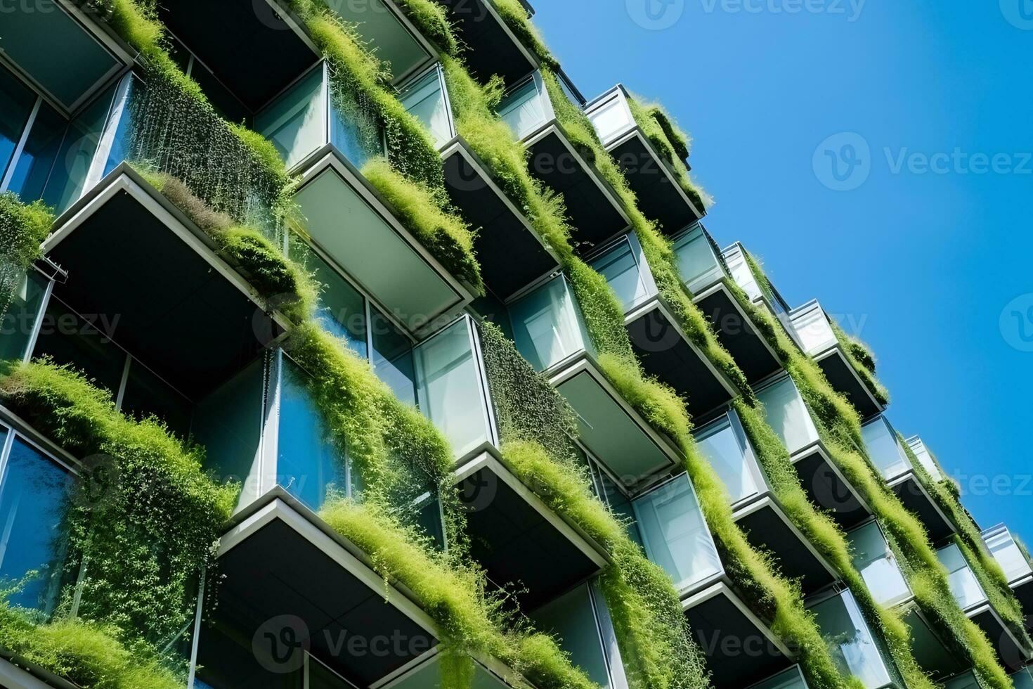nachhaltig Grün Gebäude im modern Stadt. Grün die Architektur. umweltfreundlich Gebäude. nachhaltig Wohn Gebäude mit Vertikale Garten reduzieren co2. Wohnung mit Grün Umfeld. generativ ai. foto