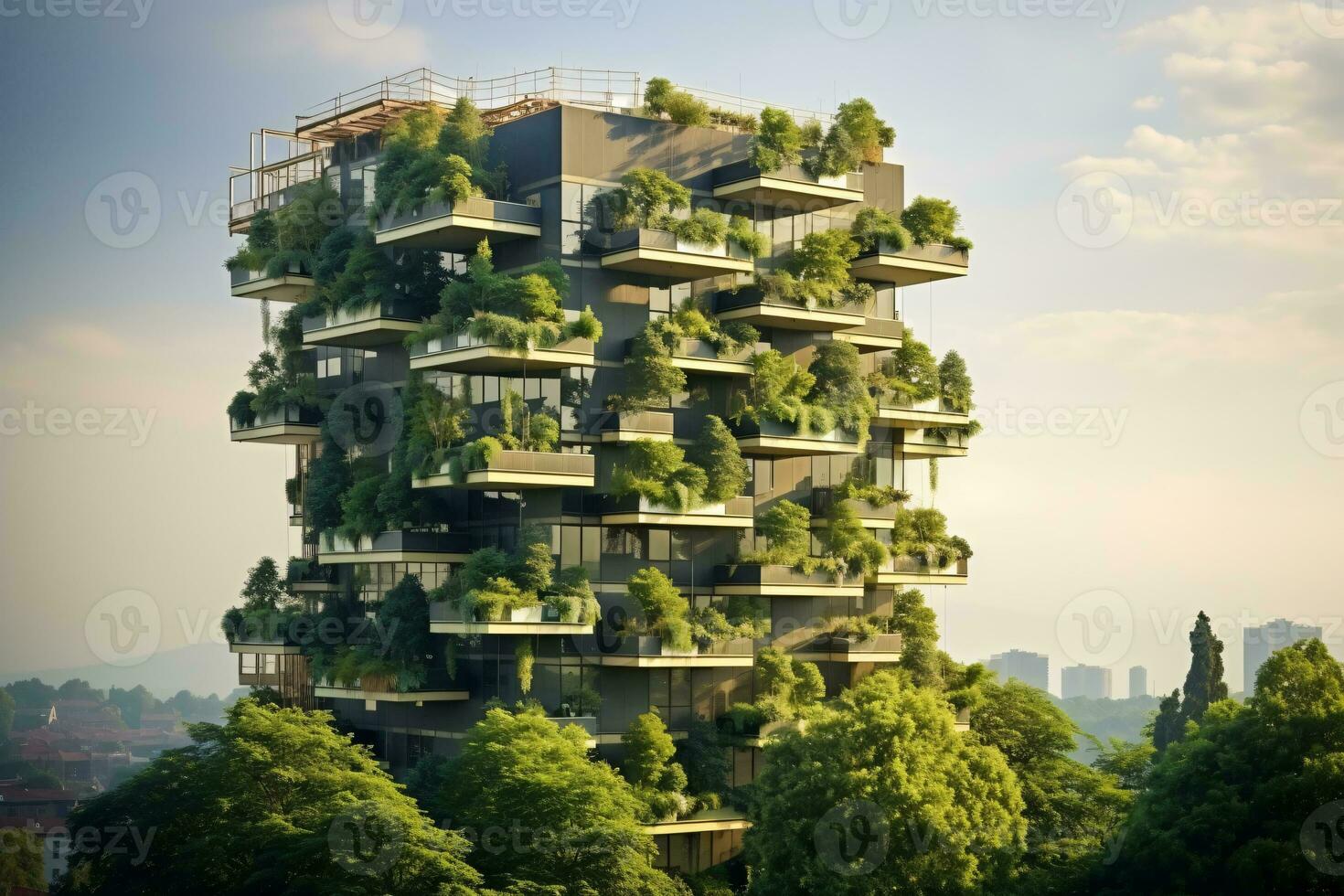 nachhaltig Grün Gebäude im modern Stadt. Grün die Architektur. umweltfreundlich Gebäude. nachhaltig Wohn Gebäude mit Vertikale Garten reduzieren co2. Wohnung mit Grün Umfeld. generativ ai. foto