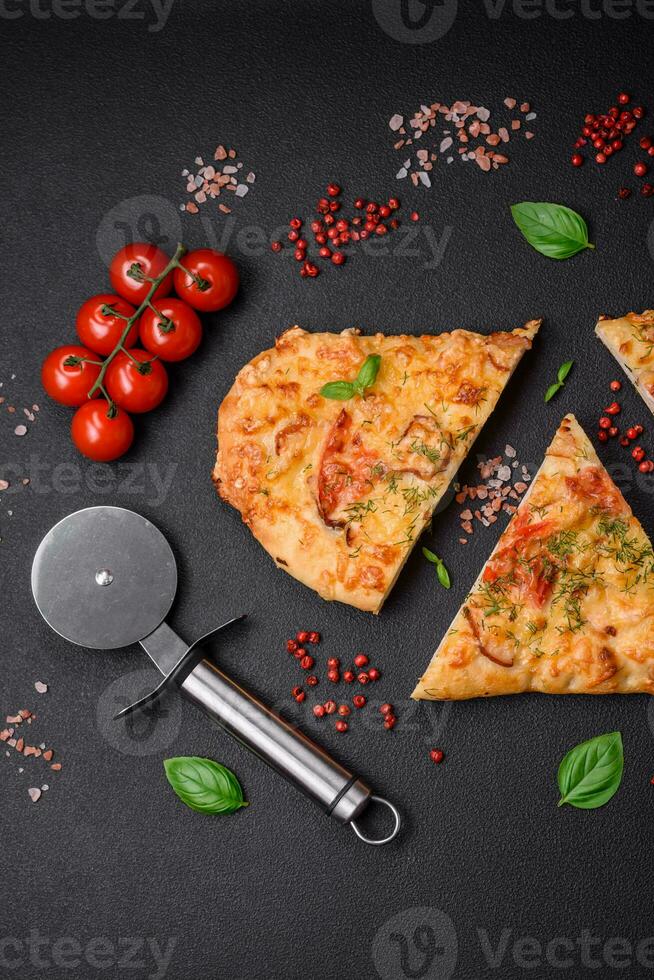 köstlich Ofen frisch Fladenbrot Pizza mit Käse, Tomaten, Wurst, Salz- und Gewürze foto