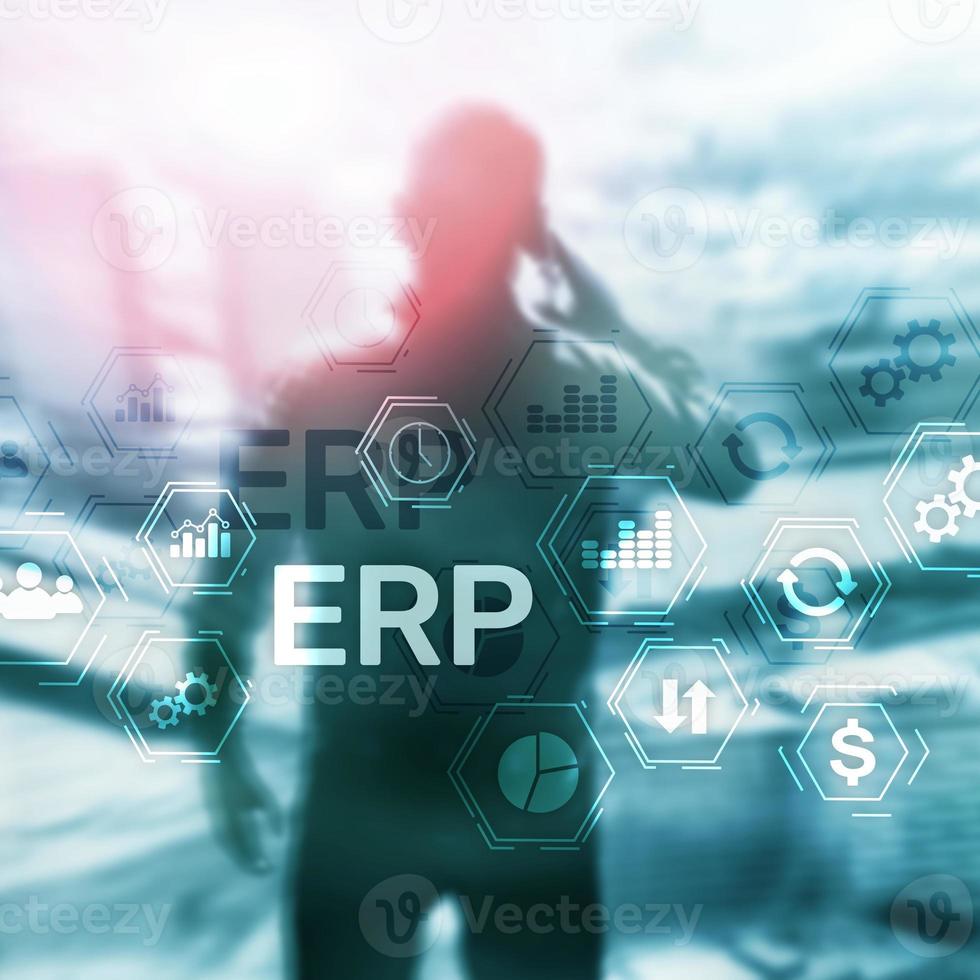 ERP-System, Enterprise Resource Planning auf unscharfem Hintergrund. Geschäftsautomatisierungs- und Innovationskonzept. foto