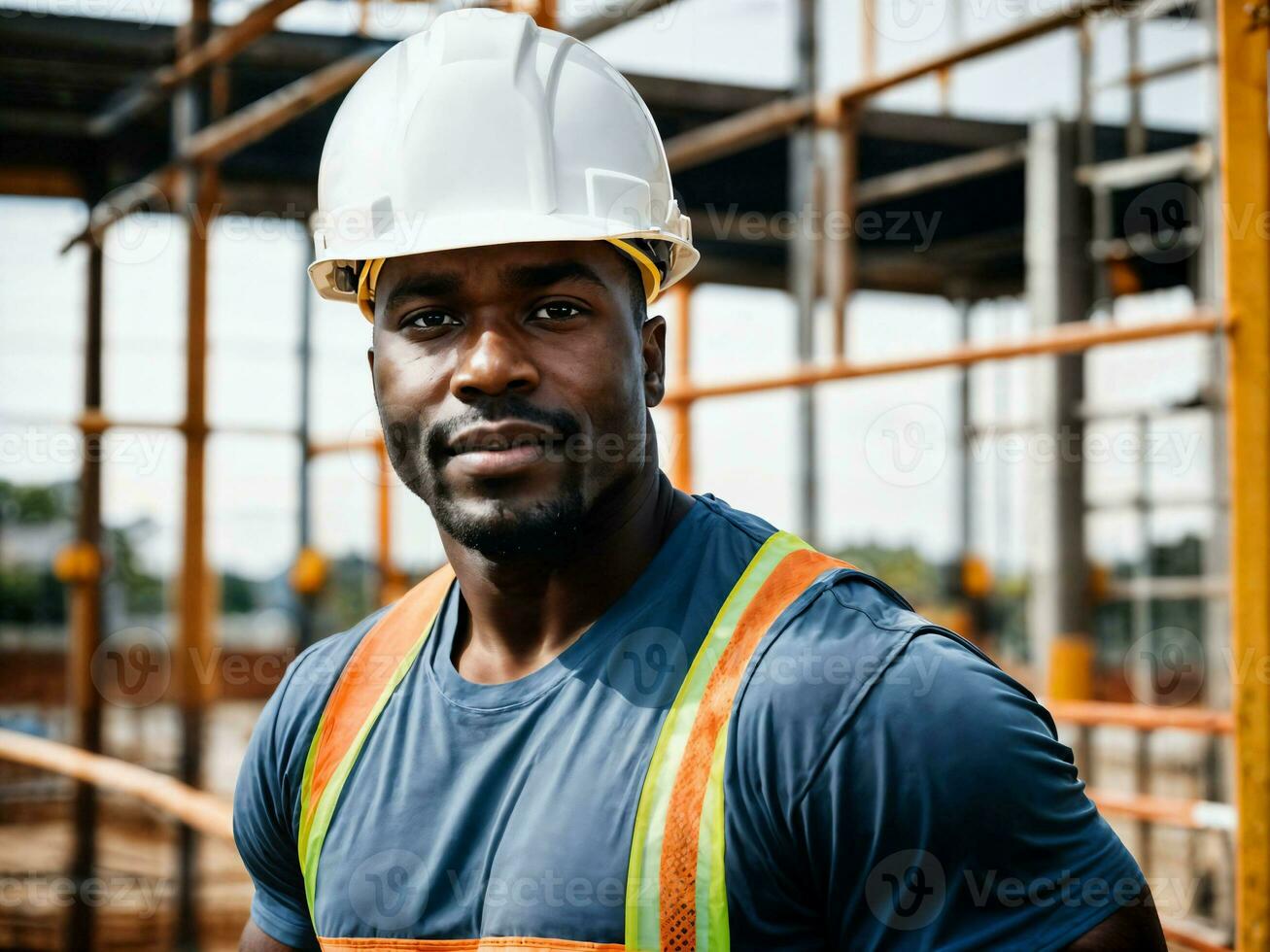 Foto von afrikanisch schwarz Mann wie ein Konstruktion Arbeiter mit Helm, generativ ai