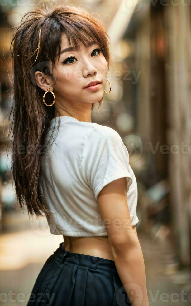 Foto von Teenager spielerisch asiatisch Frau mit Zubehör und Meeräsche Frisur, generativ ai