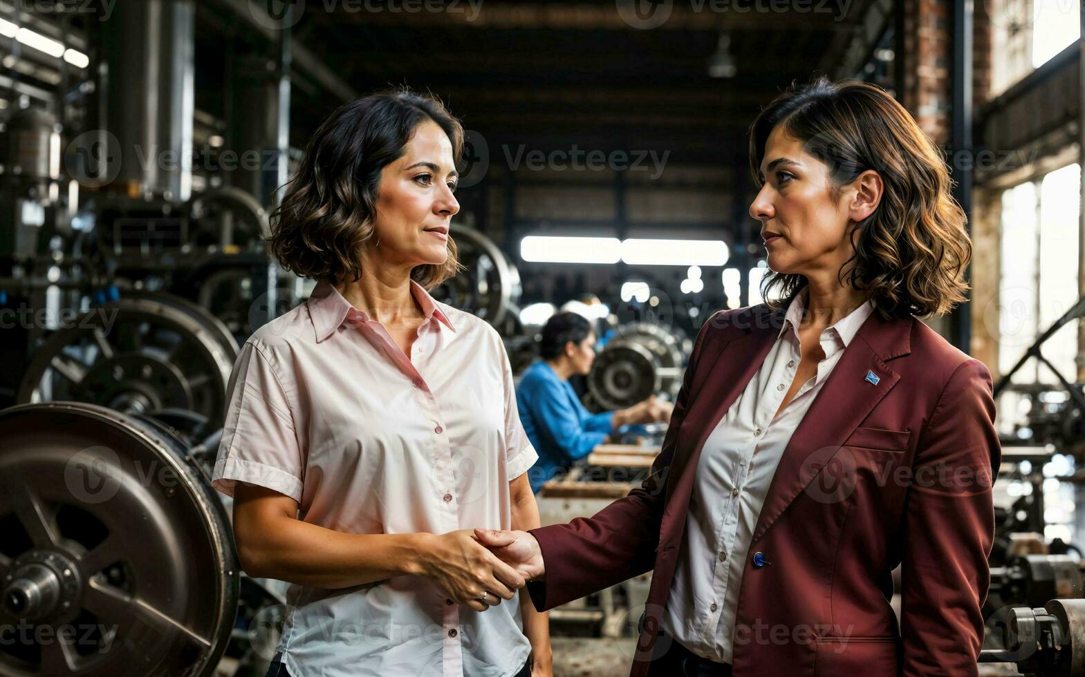 Foto von Arbeiten Unternehmer Frau beim Fabrik mit Maschine und Arbeiter, generativ ai