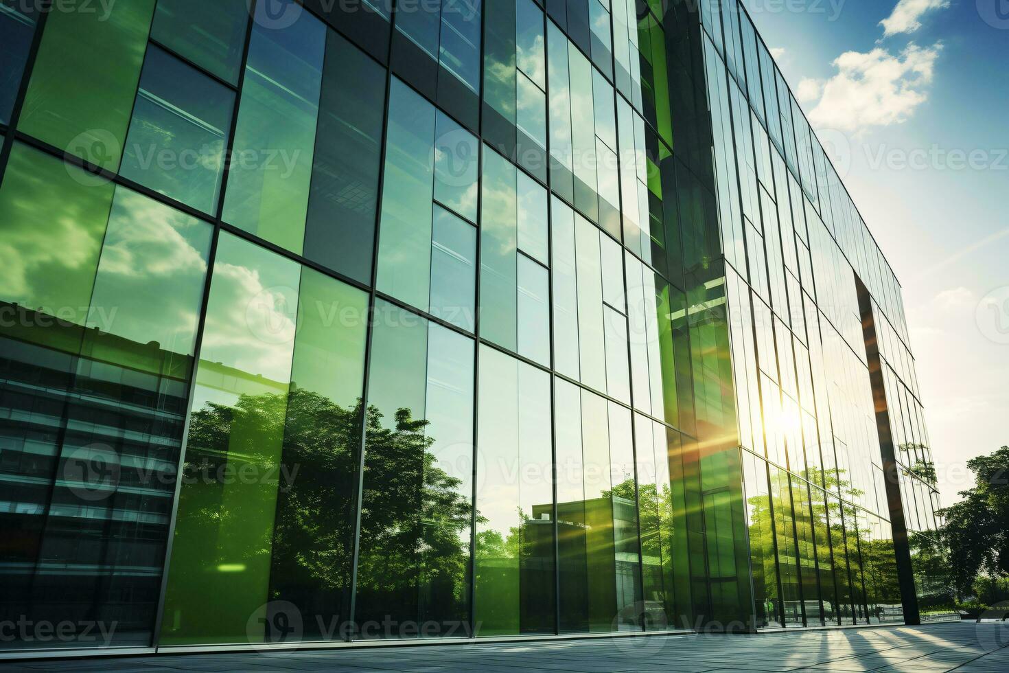 umweltfreundlich Gebäude im das modern Stadt. nachhaltig Glas Büro Gebäude mit Baum zum reduzieren Kohlenstoff Dioxid. Büro Gebäude mit Grün Umfeld. korporativ Gebäude reduzieren co2. generativ ai. foto