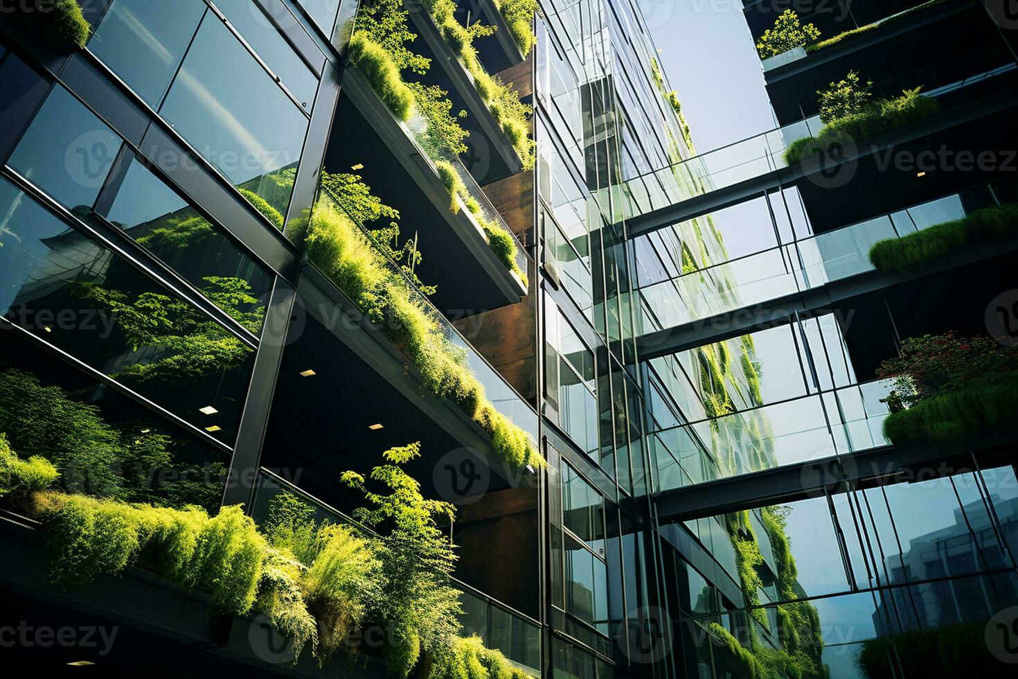 umweltfreundlich Gebäude im das modern Stadt. nachhaltig Glas Büro Gebäude mit Baum zum reduzieren Kohlenstoff Dioxid. Büro Gebäude mit Grün Umfeld. korporativ Gebäude reduzieren co2. generativ ai foto