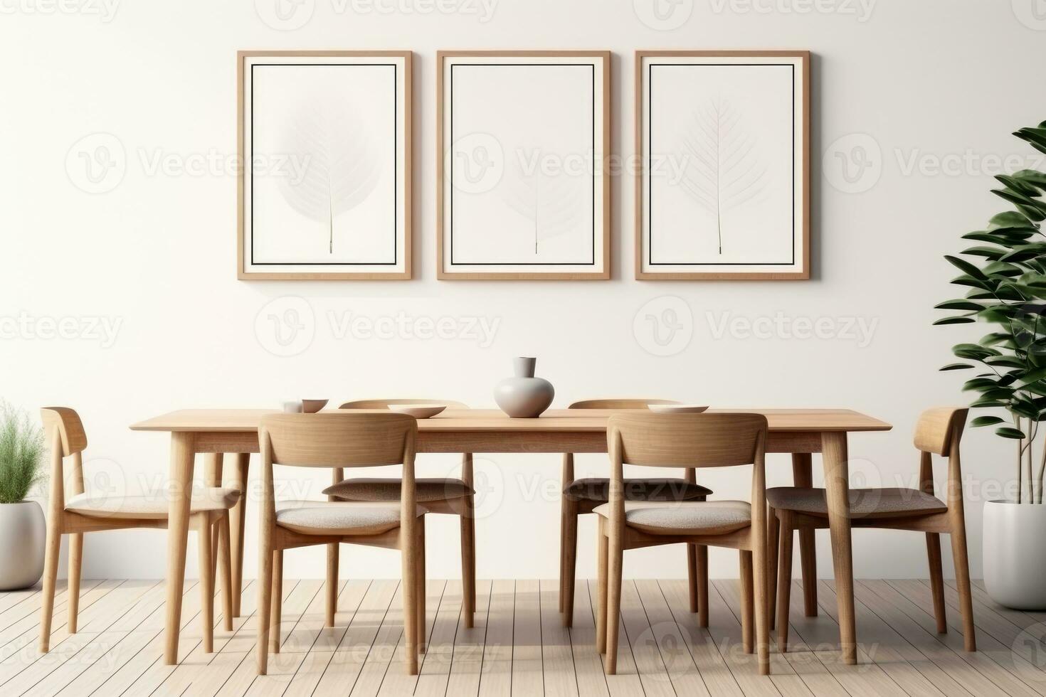 das Innere von ein modern Küche und Leben Zimmer mit ein Essen Tabelle und Frames auf das Mauer. generiert durch künstlich Intelligenz foto