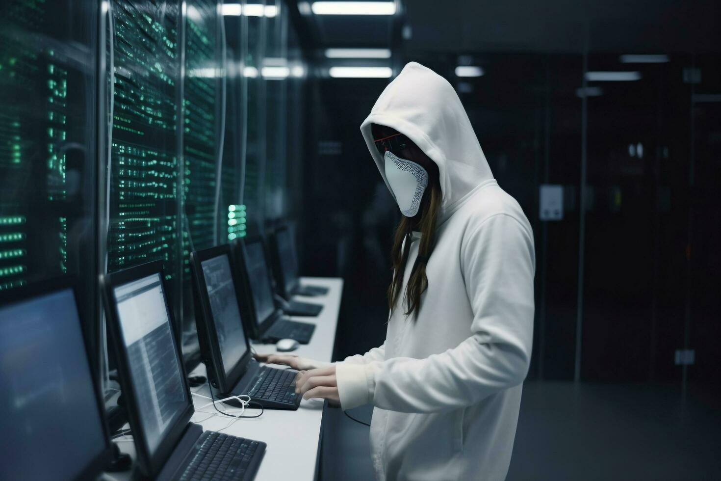 anonym Hacker mit Kapuze und Maske stiehlt Daten Innerhalb Daten Center generativ ai foto