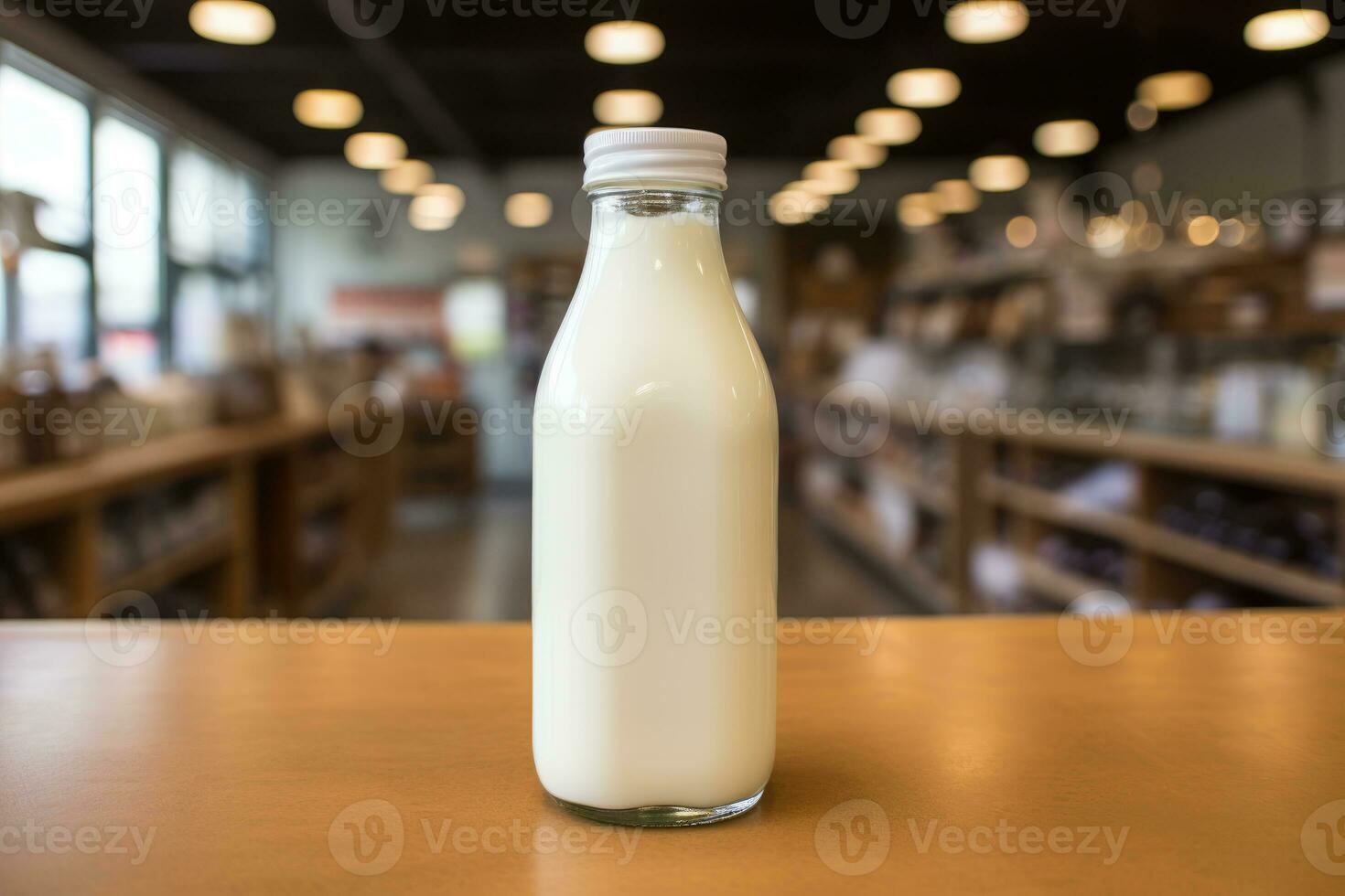 ein Flasche von Milch ist auf das Tabelle im das speichern. laktosefrei Milch im ein Glas Flasche. generiert durch künstlich Intelligenz foto