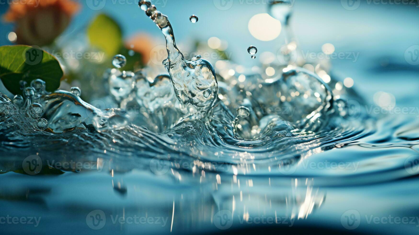 Wasser Spritzen mit Grün Blätter schwebend ,generativ ai. foto