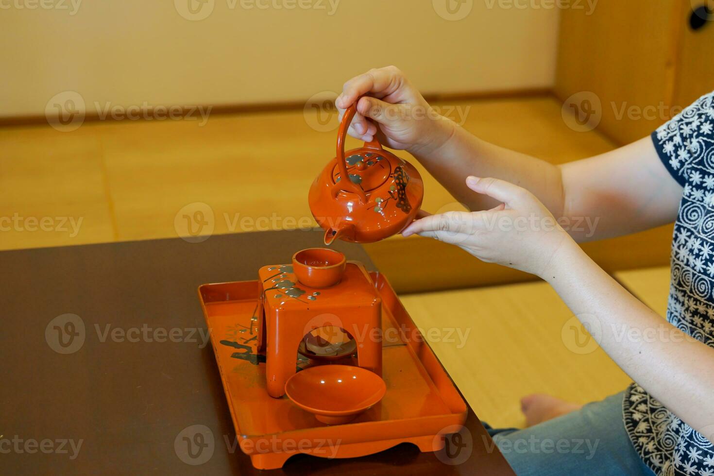 japanisch Tee Zeremonie Reproduktion Ecke welche ist ein heilig Zeremonie mit ein Muster, betonen Einfachheit, Aufrichtigkeit, Sein einer mit Natur. mit ein Ruhe und rein Geist. foto