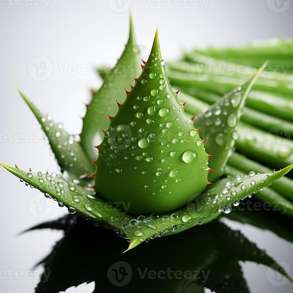 Aloe Vera, frisch auf Weiß oder Grün Hintergrund mit Wasser Tropfen Nadel scharf, stachelig trinken Blatt schließen oben Blätter Blütenblätter generativ ai foto