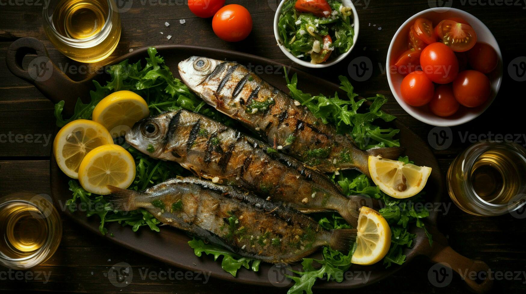 gegrillt Sardinen mit Salat, Brot und Kartoffel, Portugal Luxus Hintergrund foto