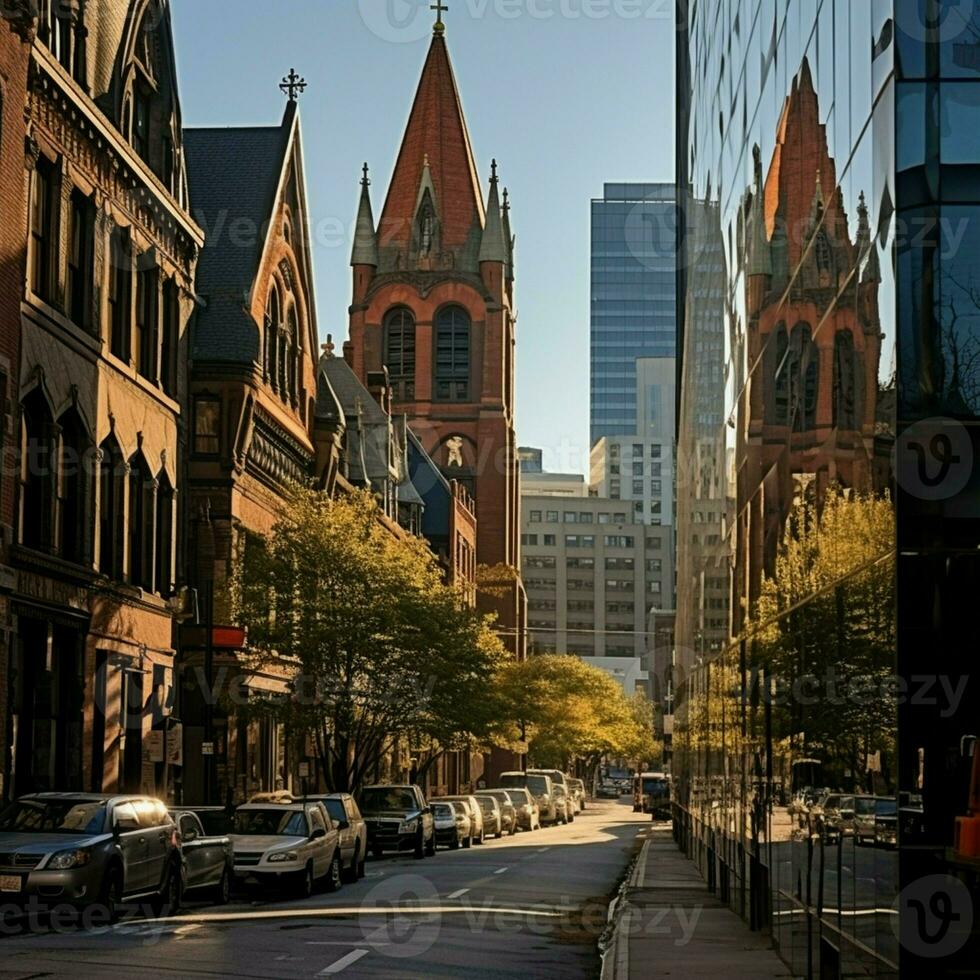 rückwärts verraten Dreieinigkeit Kirche und administrative oder Büro Gebäude im das Stadt Center. foto