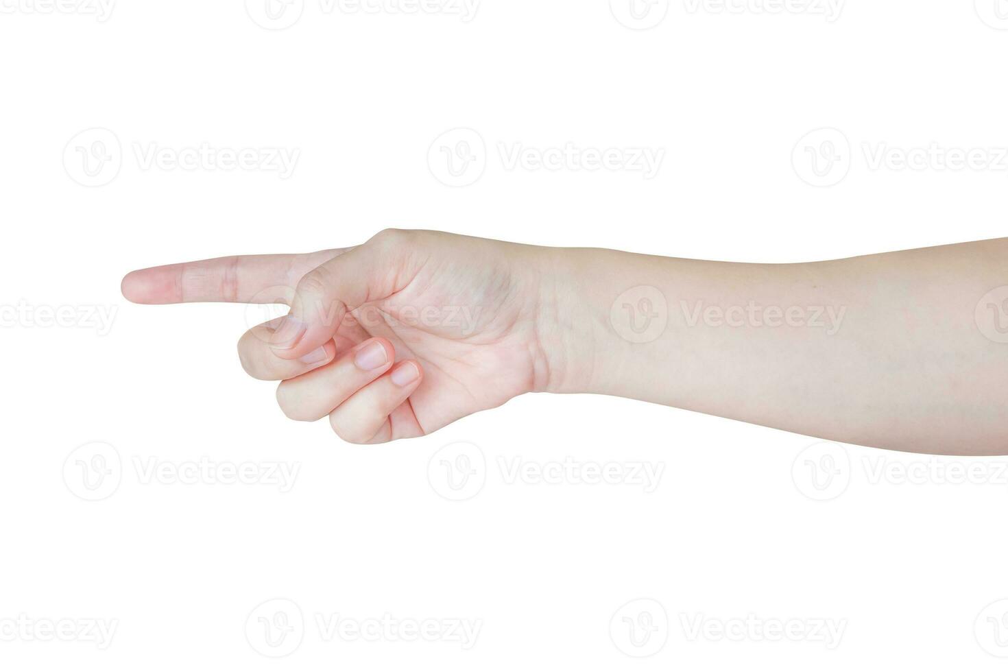 weiblich Hand berühren oder zeigen zu etwas isoliert auf Weiß Hintergrund foto