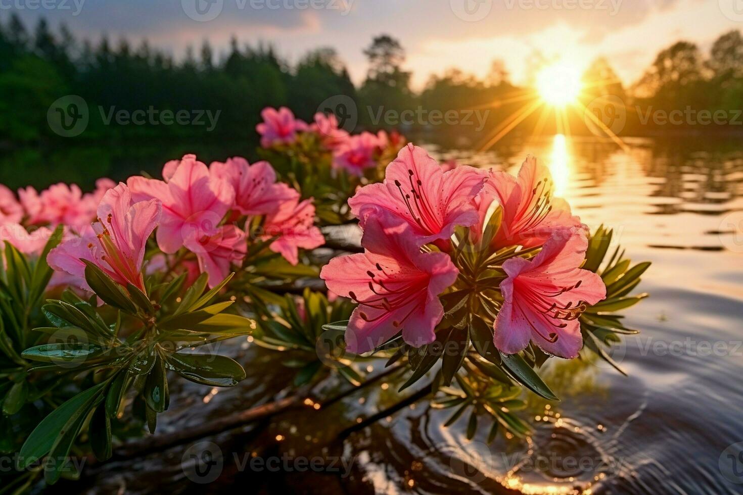 Azalee, Sonnenaufgang Blumen Wasser Landschaft Zoomen schließen oben Farbe duftend schön Selten Rosa generativ ai foto