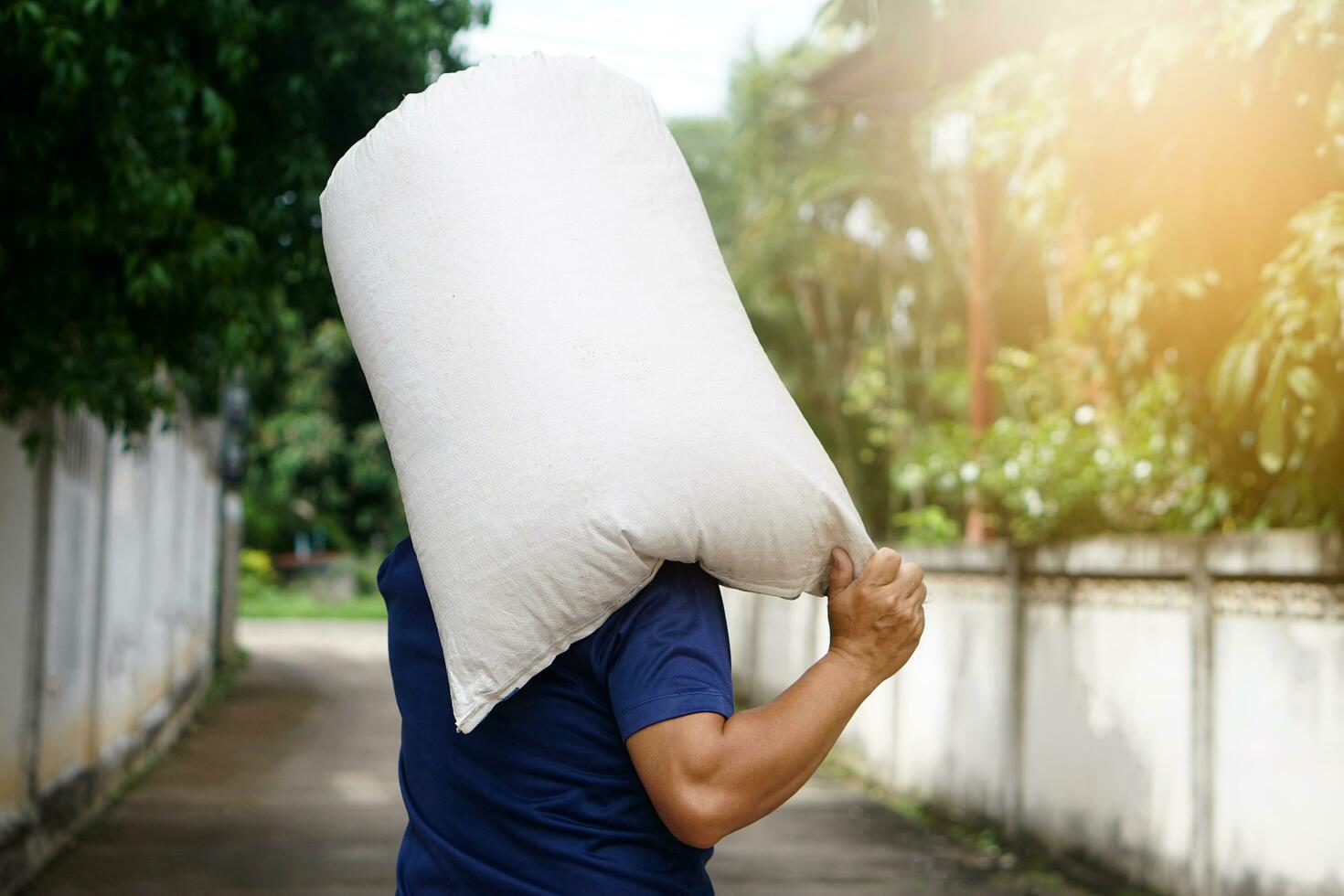 ack Aussicht von stark Mann halten schwer Sack auf seine Schultern. Konzept, hart- Arbeiten, Arbeiter. Arbeiten gegen Armut. Mann tragen Sack zu Lieferung. Bedienung zu heim. Lebensstil foto