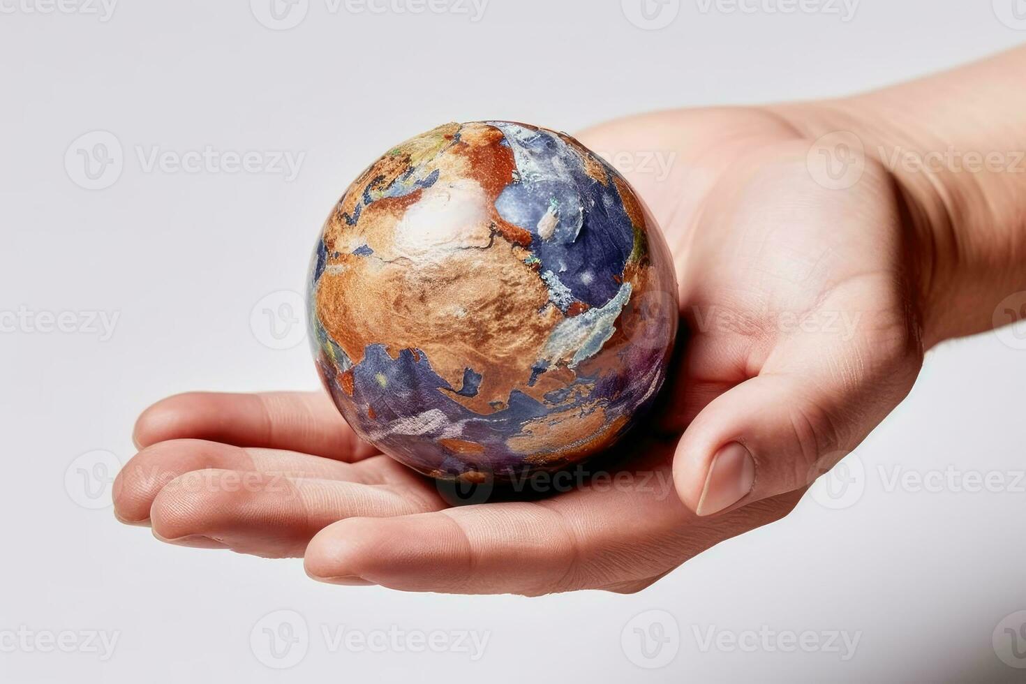 Miniatur Erde im Hand - - Nahansicht von kompliziert Planet Oberfläche auf Weiß Hintergrund - - ai generiert foto