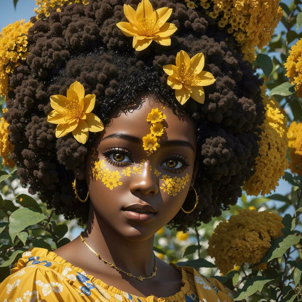 schön afro Frau Porträt mit Gelb Blumen auf ihr Kopf - - ai generativ foto