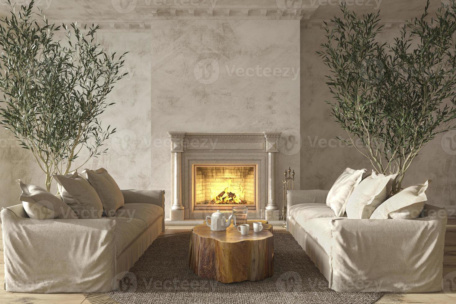 Wohnzimmer im skandinavischen Landhausstil mit Naturholzmöbeln und Kamin 3D-Rendering-Illustration foto