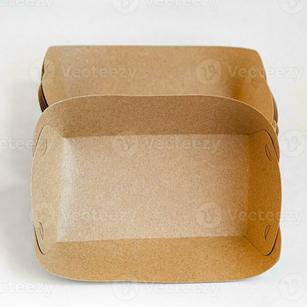 Kunst Papier Verpackung. Tablett zum wegbringen Lebensmittel. Öko freundlich Kunst Einweg Karton Kasten. Plastik kostenlos oder Null Abfall Konzept foto