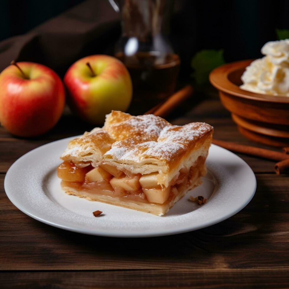 Apfel Kuchen Lügen auf ein Weiß Teller auf ein hölzern Tisch. foto