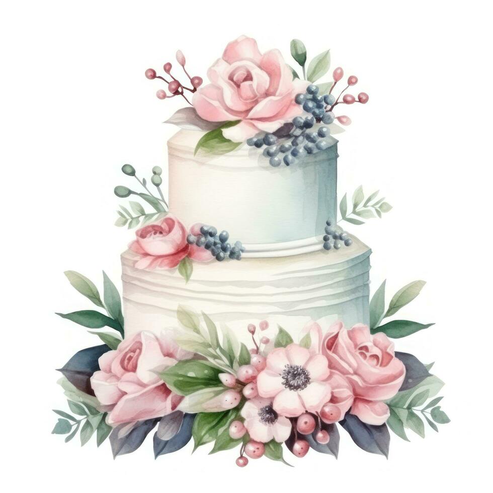 Aquarell Hochzeit Kuchen mit Blumen isoliert. foto