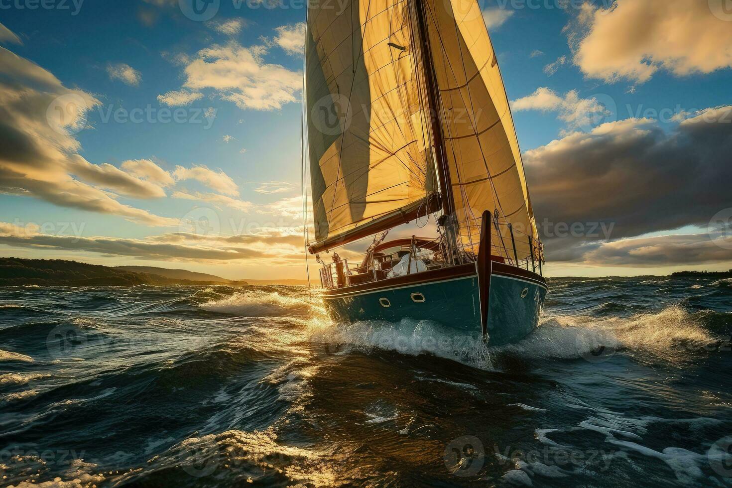 Segelboot im das Meer beim Sonnenuntergang. Segeln Yacht foto