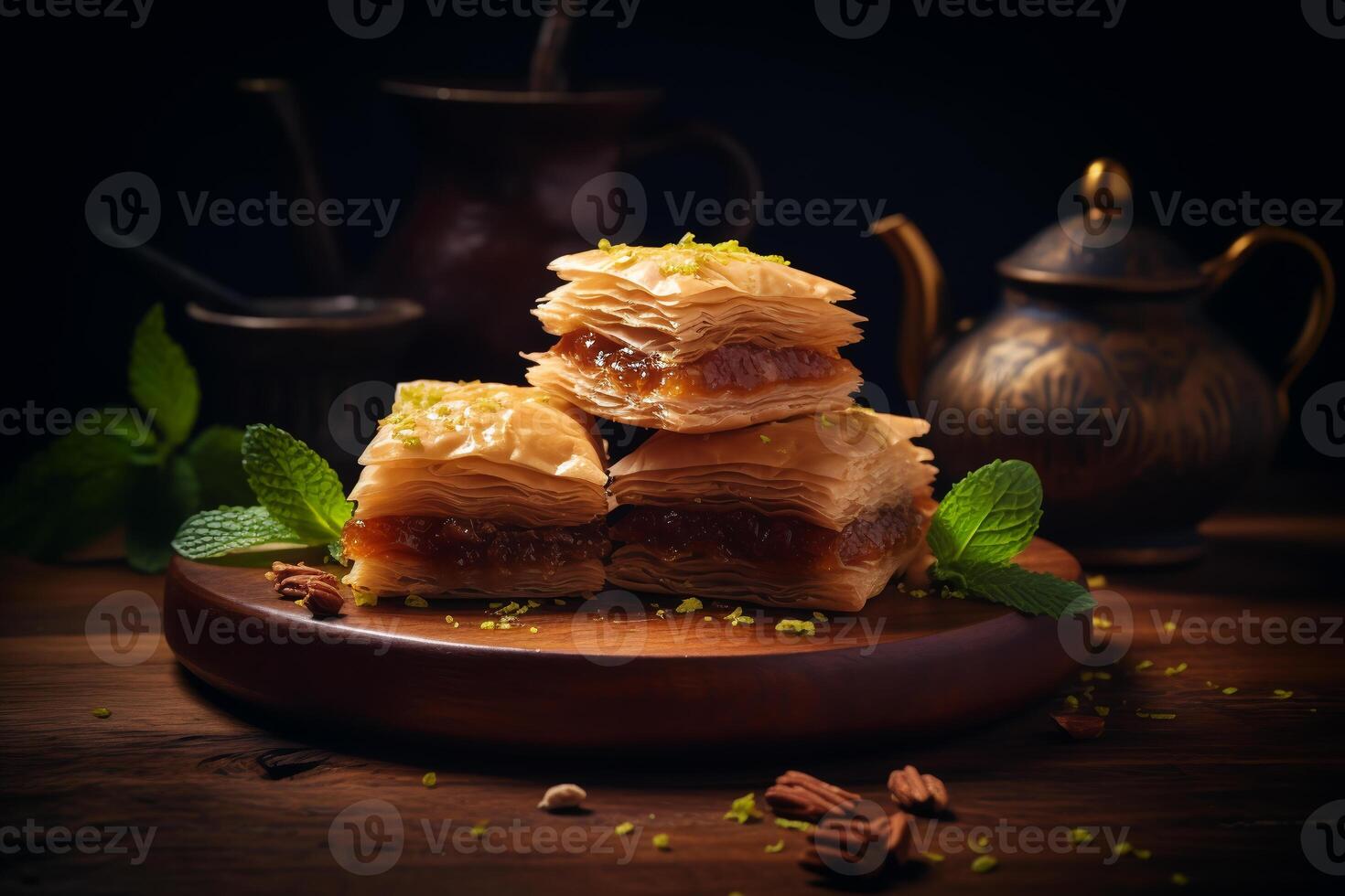 Baklava Essen von Mitte Ost, dunkel hintergrund.ai generativ foto