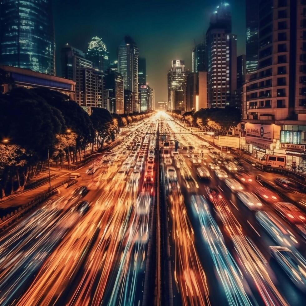 Nacht der Verkehr Auto Beleuchtung golden Hintergrund und Hintergrund. generativ ai foto