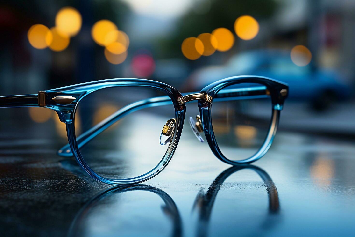 Optik Brille auf hölzern Tabelle schwarz Brille Rahmen auf Stadt Hintergrund. generativ ai foto