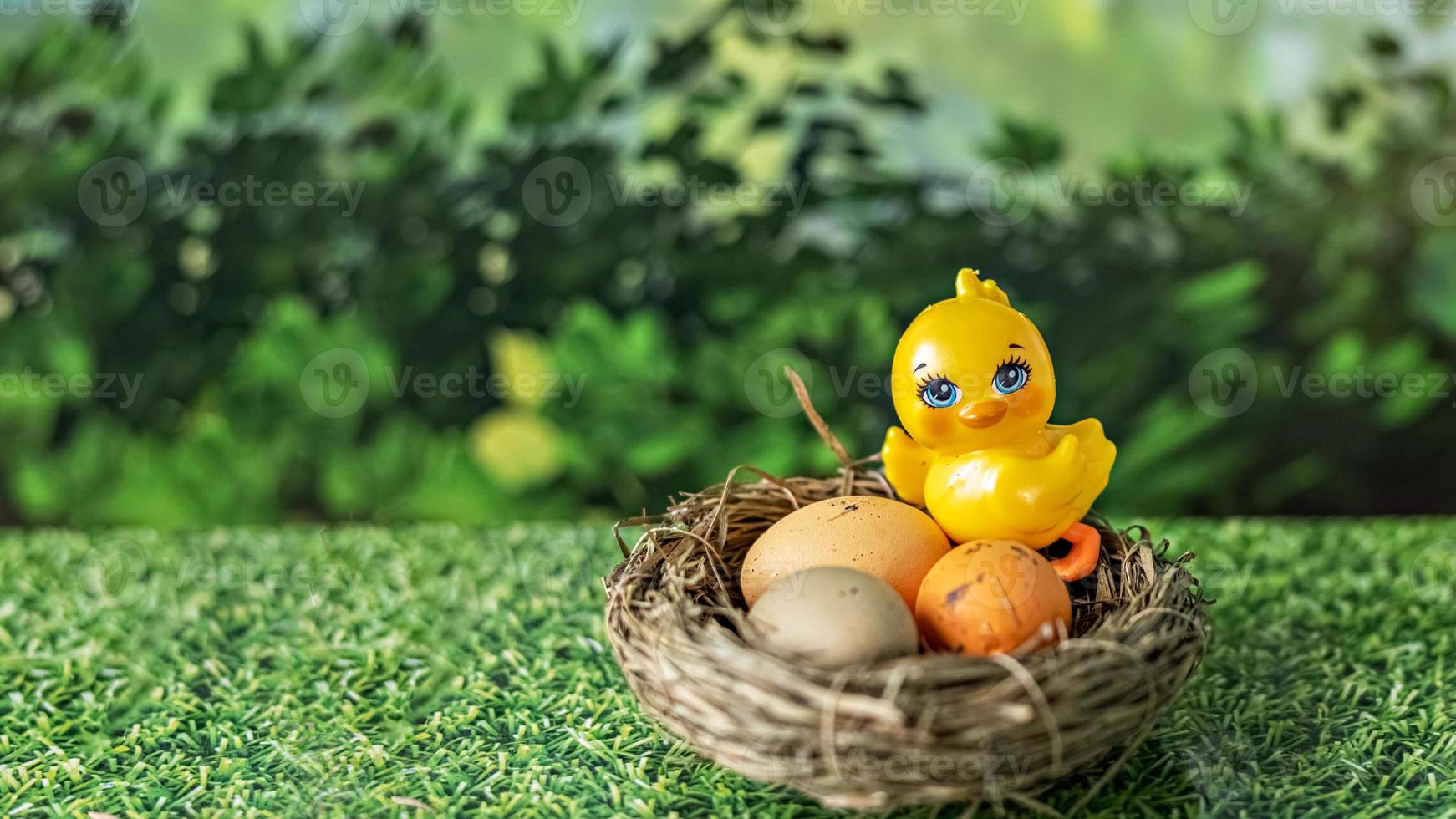 Ostereier in einem natürlichen Nest und dekoratives Huhn auf einem verschwommenen grünen Hintergrund foto