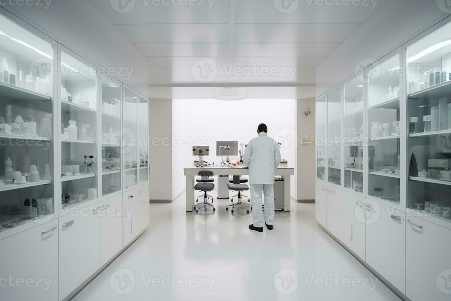 Wissenschaftler Arbeiten auf Hi-Tech Labor, Weiß minimalistisch Umgebung foto