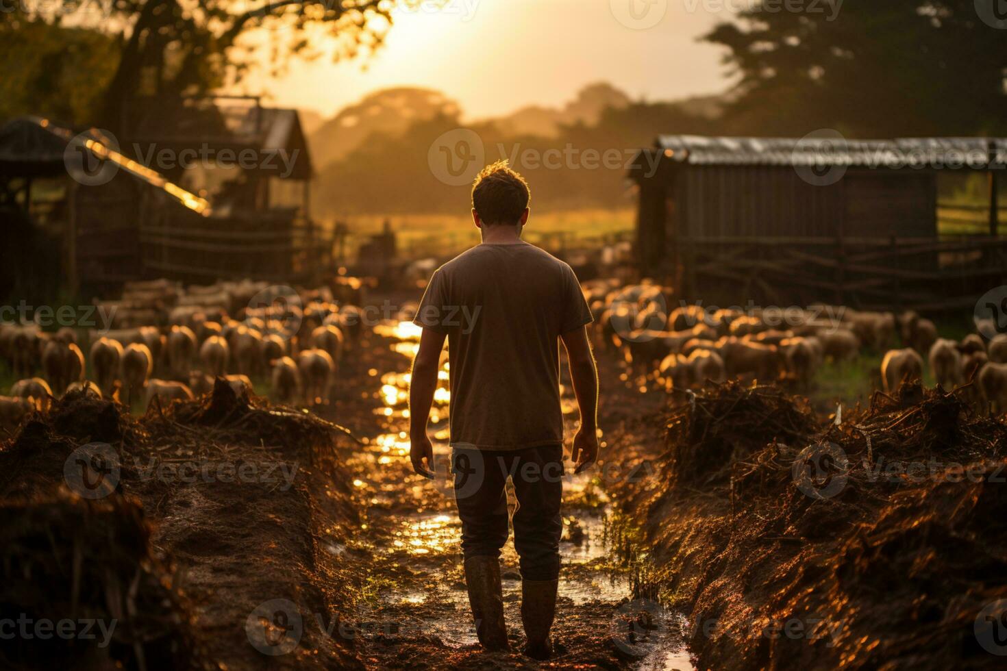 ein Farmer von hinter beim ein Scheunenhof Handhabung inländisch Tier foto