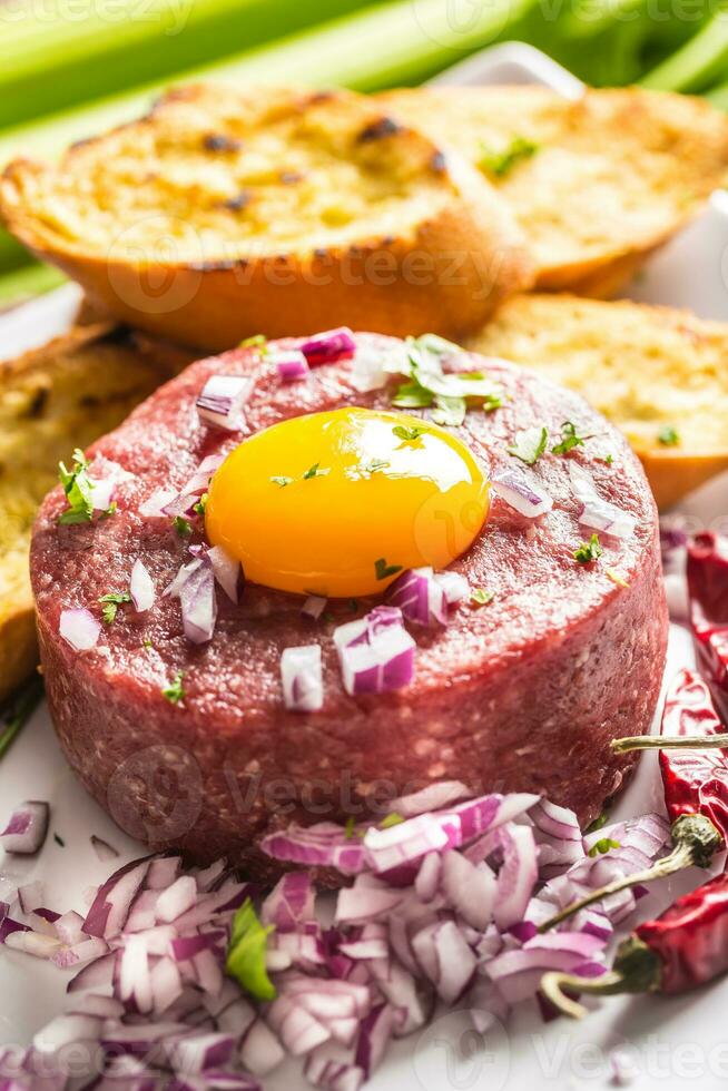 Rindfleisch Tartar mit Ei Eigelb rot Zwiebel Chili Pfeffer Kräuter und Bruschetta foto