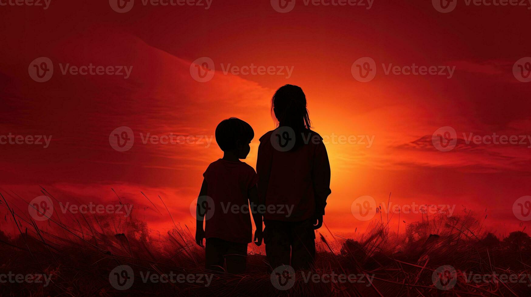 zwei Kinder Umrisse im Vorderseite von rot Himmel und Gras. Silhouette Konzept foto
