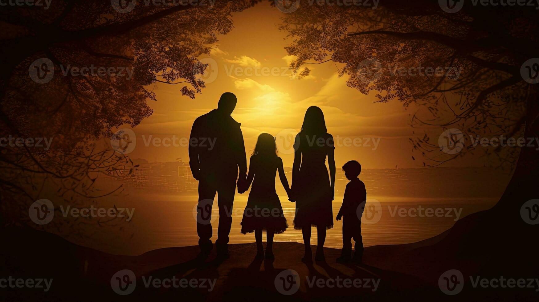 Silhouette von Familie mit Kinder Stehen im Vorderseite von das Sonnenuntergang foto